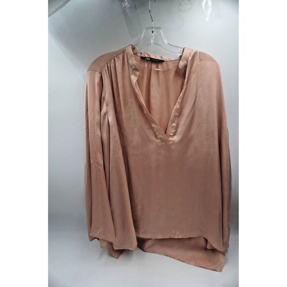 Zara Satin Nude/Golden V-Neck Tunic Wide Sleeve Flowy Blouse Size Xl - Picture 2 of 8